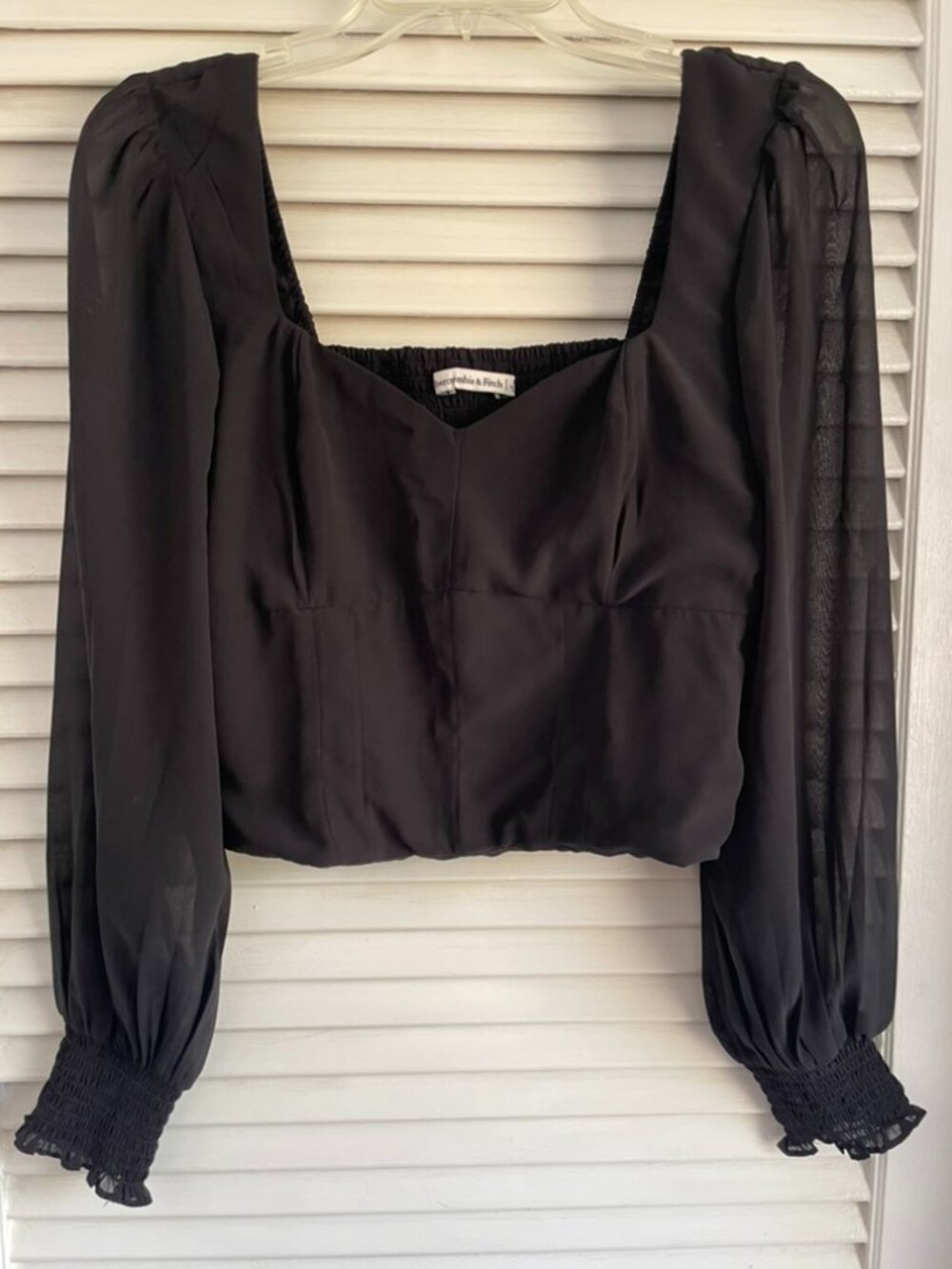 Abercrombie & Fitch Sz M Black Smocked Sheer Long Sleeve Crop Blouse Whimsigoth